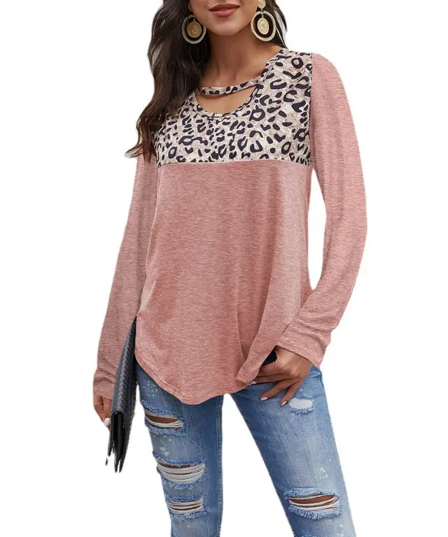 Ladies T Shirt Crew Neck Leopard Print Panel Long Sleeve Loose Top Pink - Shop at LoveMi