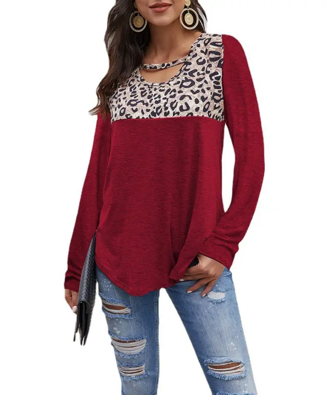Ladies T Shirt Crew Neck Leopard Print Panel Long Sleeve Loose Top Wine Red - Shop at LoveMi