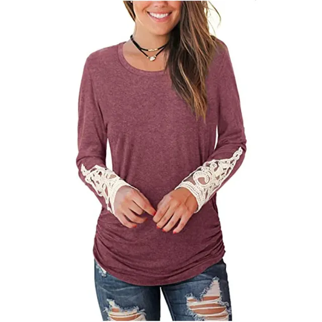 European And American Round Neck Pleated Sleeve Lace T shirt Top Brick Red - Shop at LoveMi