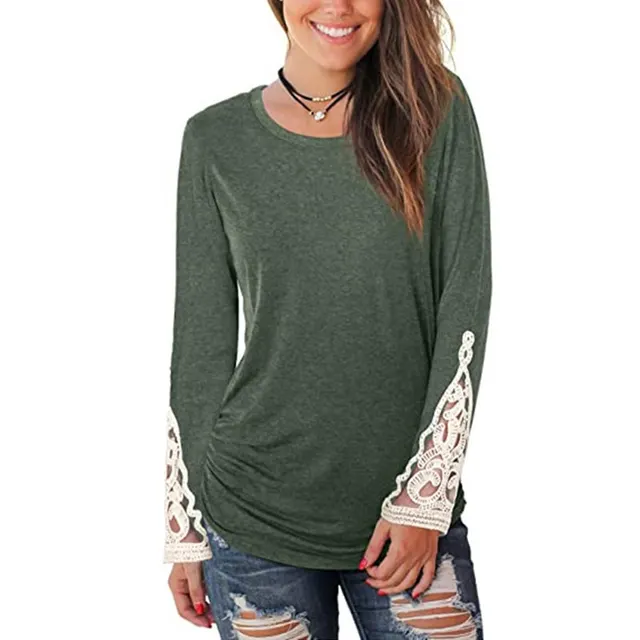 European And American Round Neck Pleated Sleeve Lace T shirt Top Green - Shop at LoveMi
