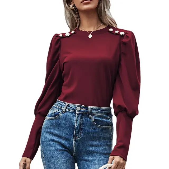 Women's Fashion Slim T Shirt Round Neck Solid Color Wine Red - Shop at LoveMi