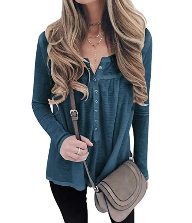 European And American Women's Waffle Loose Button Long sleeved Top Blue - Shop at LoveMi