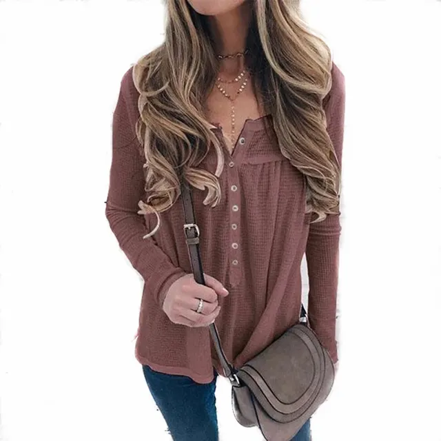 European And American Women's Waffle Loose Button Long sleeved Top Wine Red - Shop at LoveMi