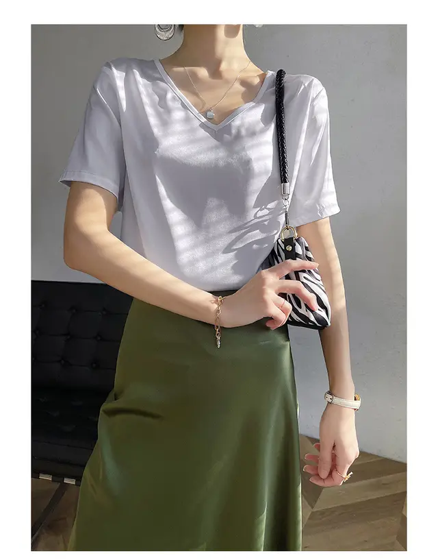 Short Sleeve Loose V neck Satin Bottoming Solid Color Inner Wear Suit Top Light Gray - Shop at LoveMi
