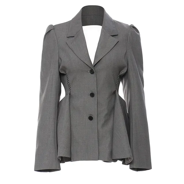 Women's Backless Lotus Leaf Hem Suit Waist Slim Coat Grey - Shop at LoveMi