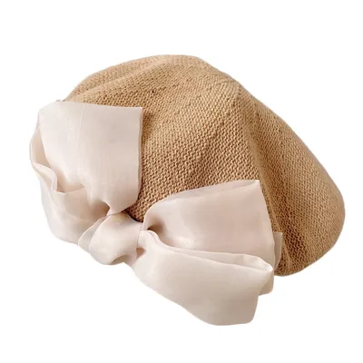 Big Bow Beret Women's Breathable Knit Hat Khaki - Shop at LoveMi