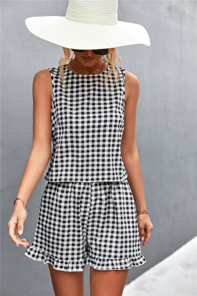 New Independent Station Black And White Plaid Casual Sleeveless Shorts Suit For Women Black - Shop at LoveMi
