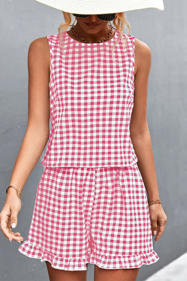 New Independent Station Black And White Plaid Casual Sleeveless Shorts Suit For Women Pink - Shop at LoveMi