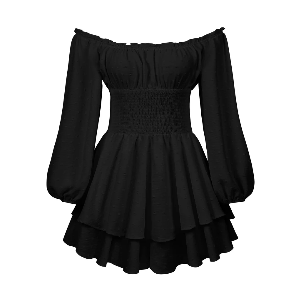 Autumn Long Sleeve Jumpsuit Elastic One Shoulder Two Wear Short Skirt - Black