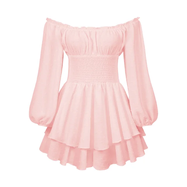 Autumn Long Sleeve Jumpsuit Elastic One Shoulder Two Wear Short Skirt Pink - Shop at LoveMi
