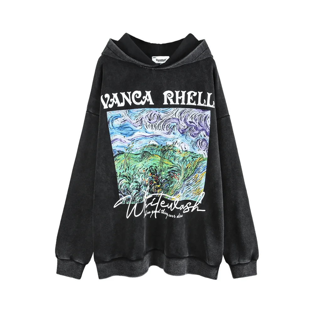 American Retro Street Dark Style Oil Painting Hooded Sweater Black - Shop at LoveMi
