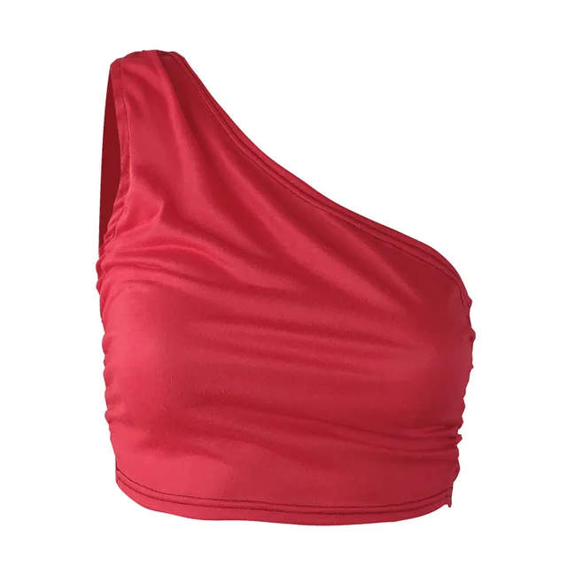 Women's Vest Sexy One shoulder Solid Color Slim Fit Pleated Bright Red - Shop at LoveMi