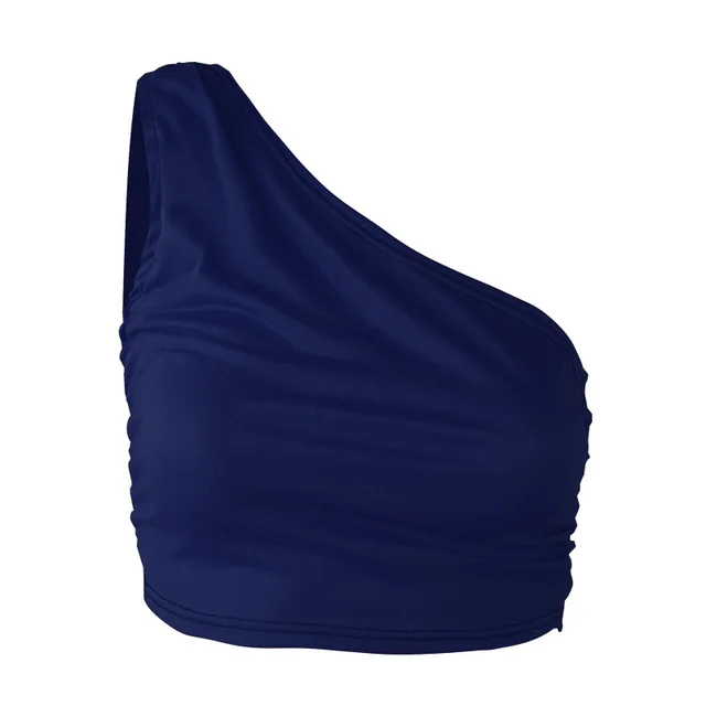 Women's Vest Sexy One shoulder Solid Color Slim Fit Pleated Navy Blue - Shop at LoveMi