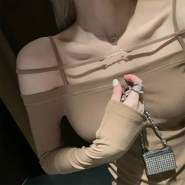 One shoulder Metal Label Long sleeved T shirt Women's French Style Coffee - Shop at LoveMi