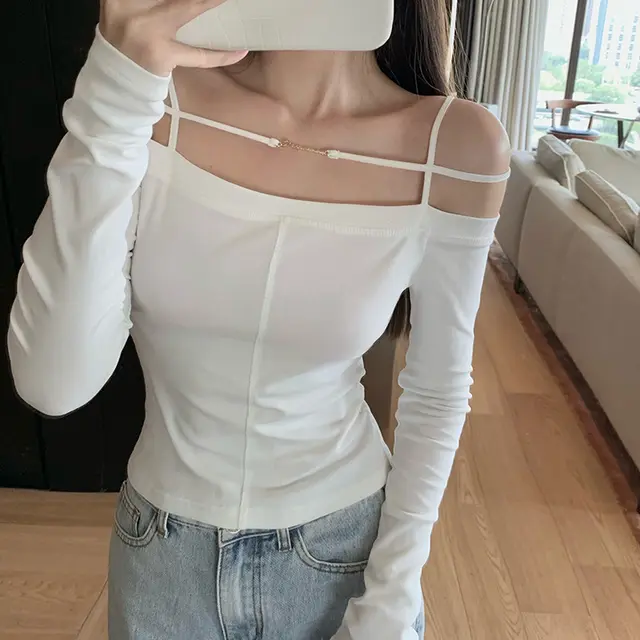 One shoulder Metal Label Long sleeved T shirt Women's French Style White - Shop at LoveMi