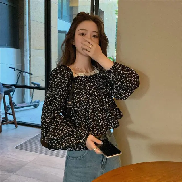 Women's French Vintage Lace Floral Long Sleeve Shirt Black - Shop at LoveMi