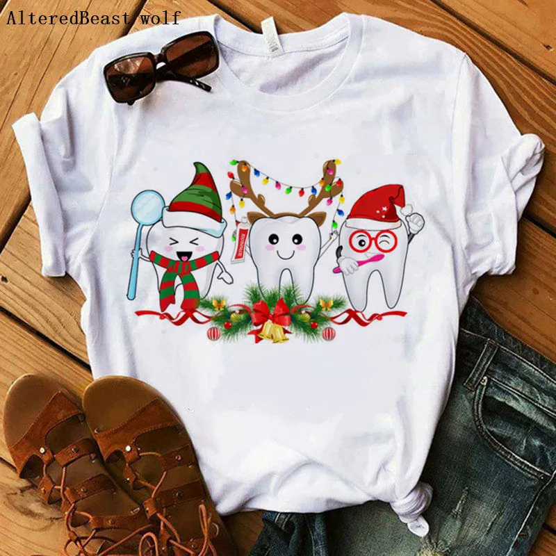 Christmas Dental Squad Funny Short Sleeve T shirt Women Print Round Neck Casual Top 17297Style Xs - Shop at LoveMi