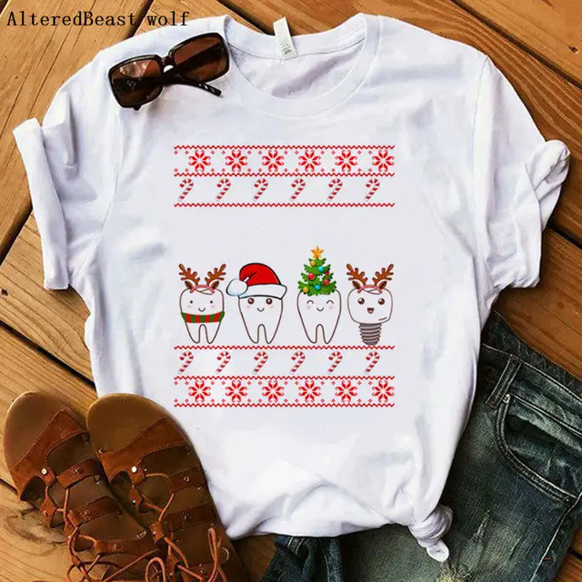 Christmas Dental Squad Funny Short Sleeve T shirt Women Print Round Neck Casual Top 17302Style - Shop at LoveMi