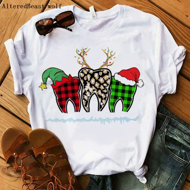 Christmas Dental Squad Funny Short Sleeve T shirt Women Print Round Neck Casual Top 17305Style - Shop at LoveMi