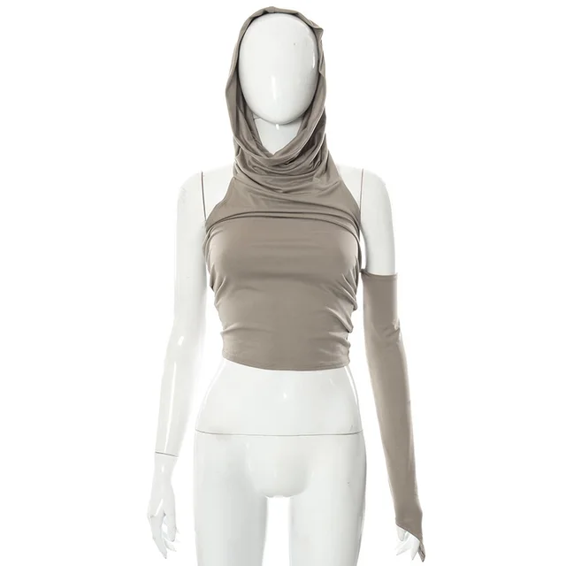 Solid Color Casual One Sleeve Hooded Slim Top Brown - Shop at LoveMi