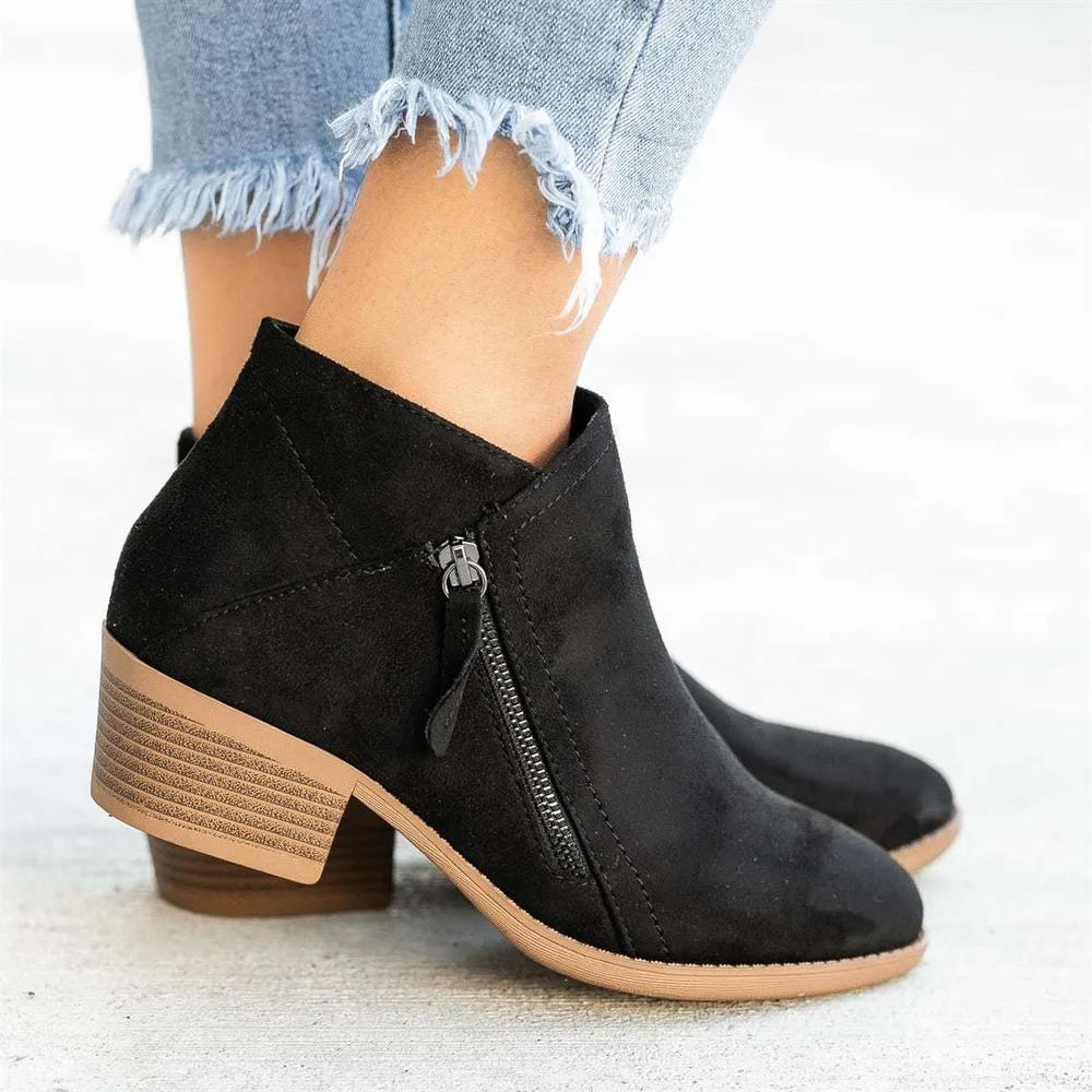 Ankle Boots For Women Low Heels Side Zipper Shoes - Black