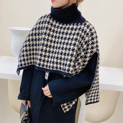 Women's Irregular Thick Pullover Knitted Shawl Scarf Houndstooth Black - Shop at LoveMi