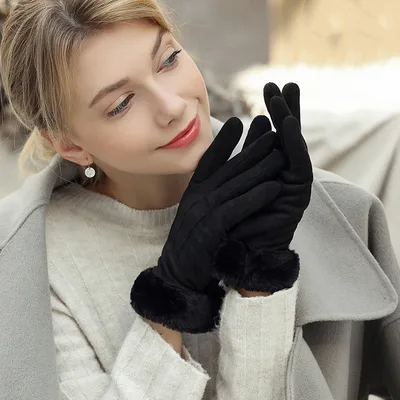 Women's Autumn Winter Touch Screen Plus Suede Warm Ski Gloves Black Double Fleece - Shop at LoveMi