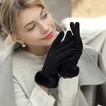 Women's Autumn Winter Touch Screen Plus Suede Warm Ski Gloves - Black Double Fleece