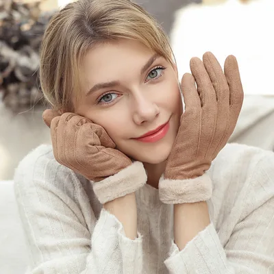 Women's Autumn Winter Touch Screen Plus Suede Warm Ski Gloves Khaki Single Layer Fleece - Shop at LoveMi
