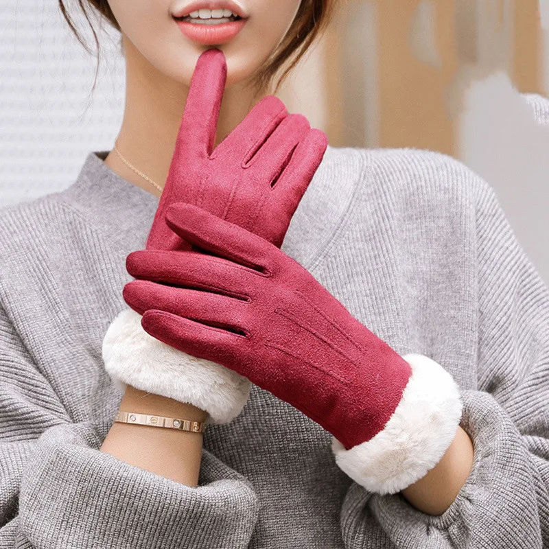Women's Autumn Winter Touch Screen Plus Suede Warm Ski Gloves - Red Double Fleece
