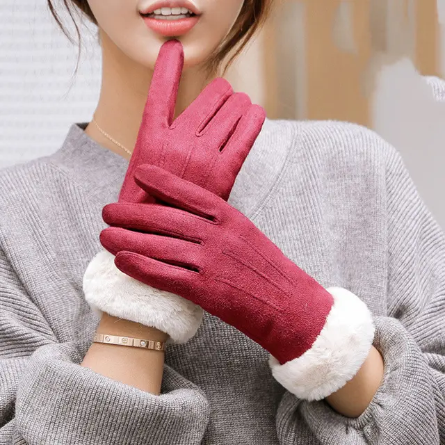 Women's Autumn Winter Touch Screen Plus Suede Warm Ski Gloves Red Double Fleece - Shop at LoveMi