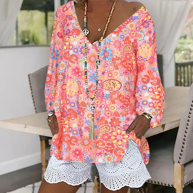 New Long Sleeve Loose Bottoming Half Turtleneck Urban Leisure Pullover Cotton Printed Top Pink - Shop at LoveMi