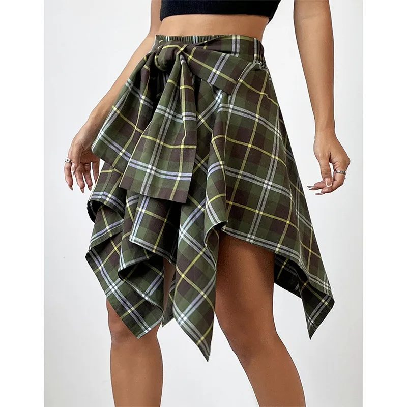 European And American All match Women's High Waist Irregular Plaid Skirt Plaid - Shop at LoveMi