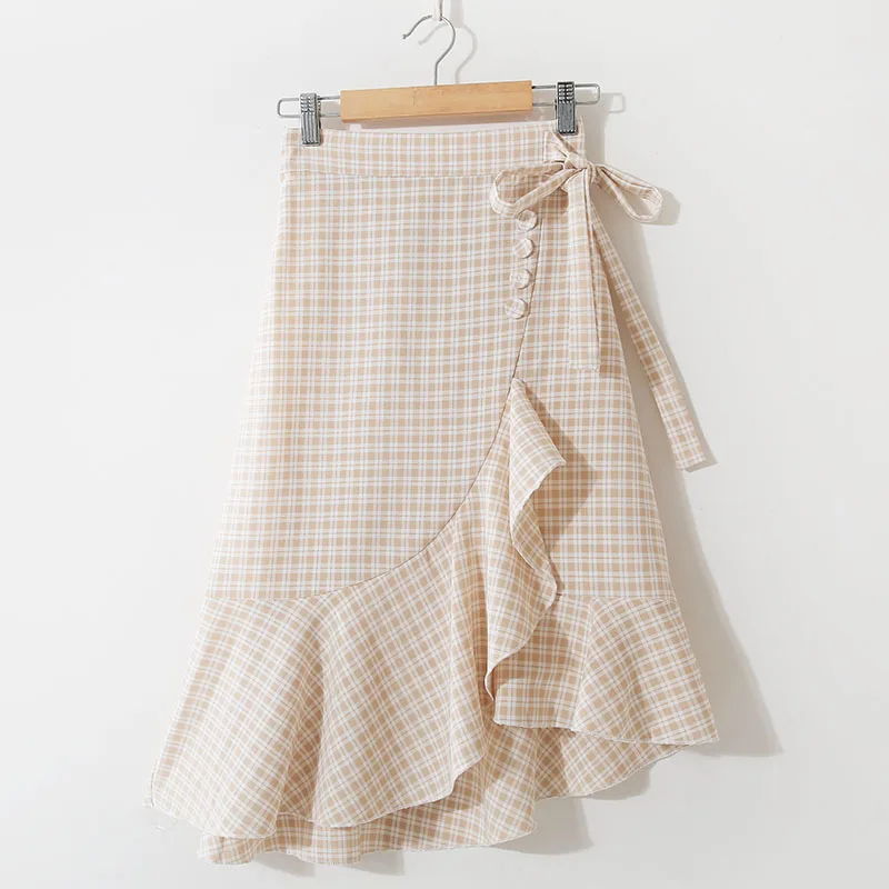 Lace up Plaid High Waist Slim Ruffle Irregular Skirt Apricot - Shop at LoveMi