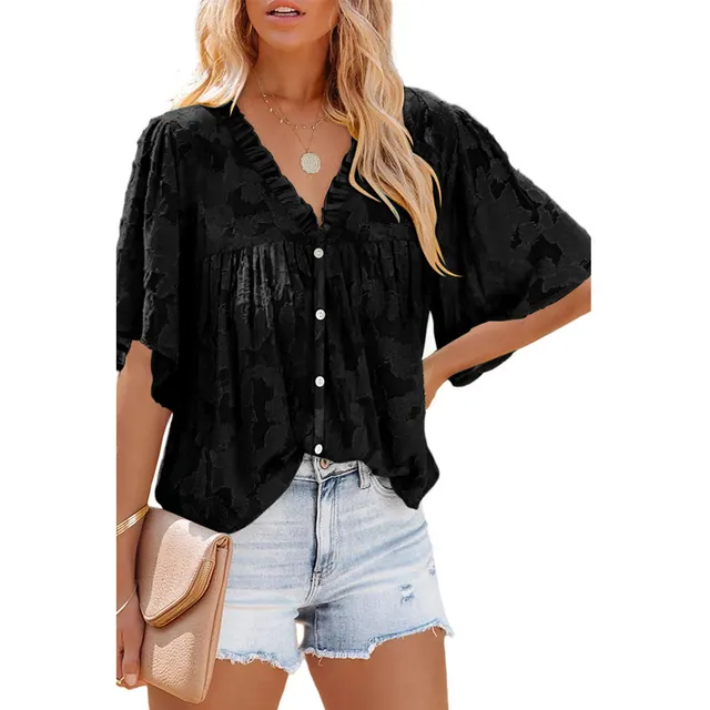 Women's Fashion V Neck Half Sleeve Chiffon Shirt Black - Shop at LoveMi