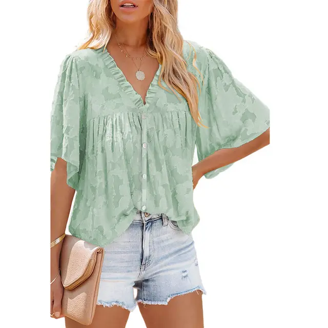 Women's Fashion V Neck Half Sleeve Chiffon Shirt Green - Shop at LoveMi