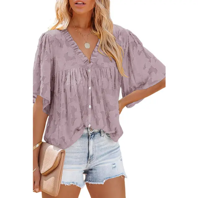 Women's Fashion V Neck Half Sleeve Chiffon Shirt Pink - Shop at LoveMi
