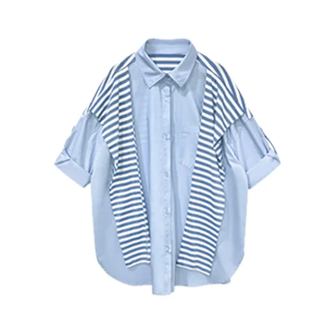 Niche Fake Two Piece Striped Shawl Shirt Blue - Shop at LoveMi