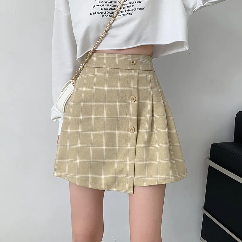 High Waist Slim Fashion Casual Plaid Pleated Skirt Khaki - Shop at LoveMi