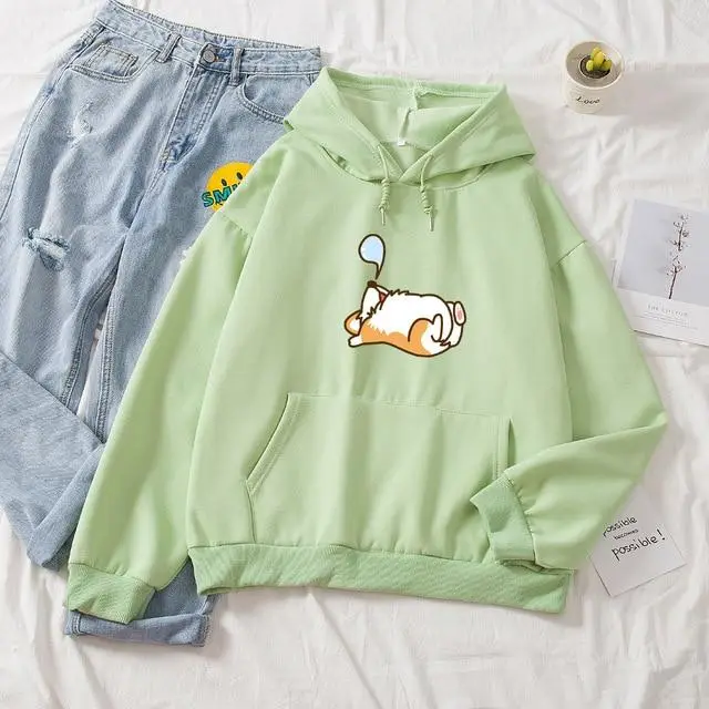 Snoring Corgi Soft Hoodie Green Green - Shop at LoveMi