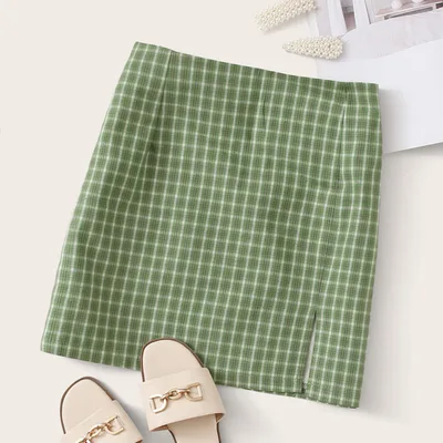 Plaid Slit Skirt European And American Fashion All match High Waist Green - Shop at LoveMi