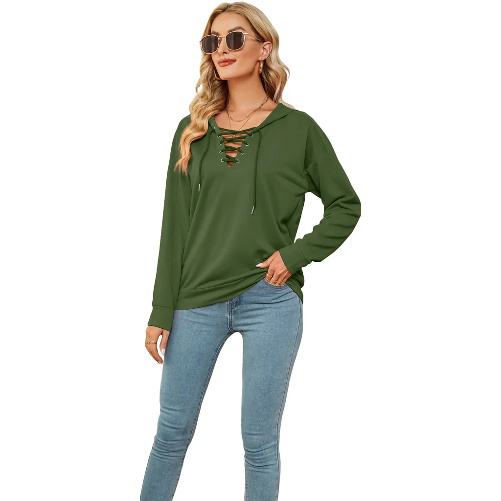 European And American Women's Solid Color Hooded Sweater With Collar Straps - Army Green