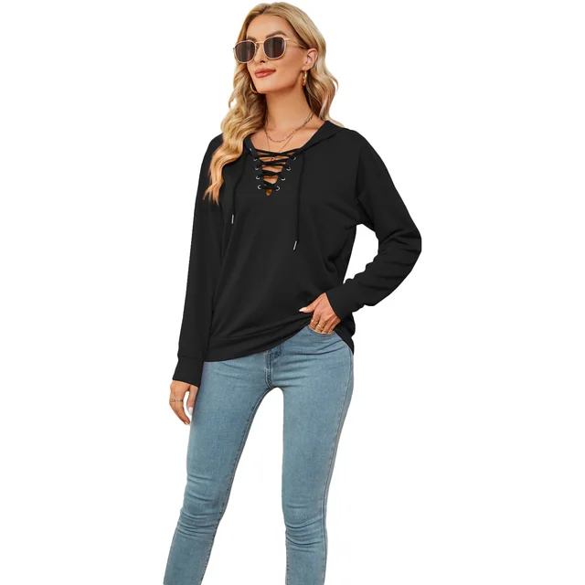 European And American Women's Solid Color Hooded Sweater With Collar Straps Black - Shop at LoveMi