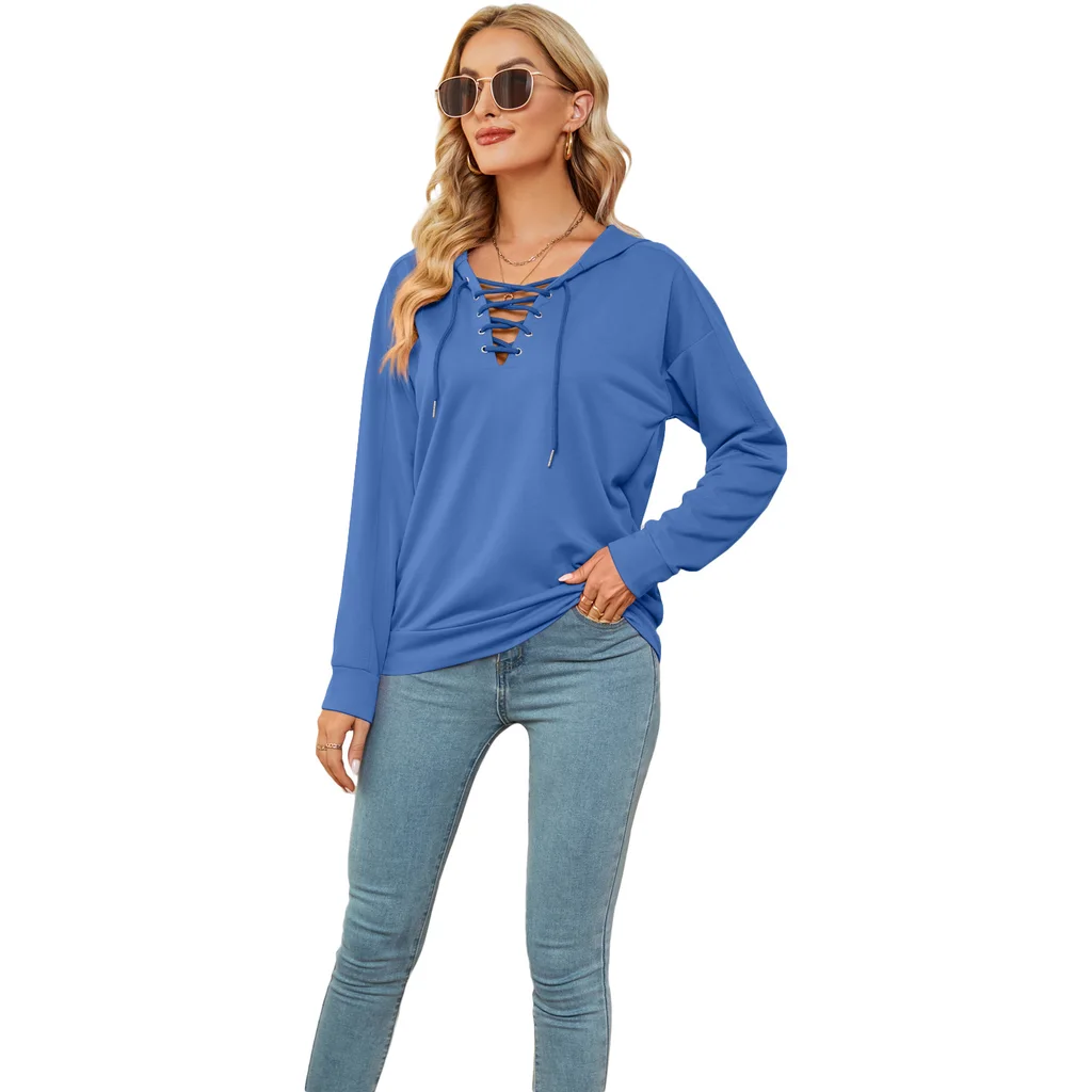 European And American Women's Solid Color Hooded Sweater With Collar Straps - Blue