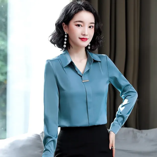 Women's New Fashionable Lapel Loose And Slim Shirt Haze Blue - Shop at LoveMi