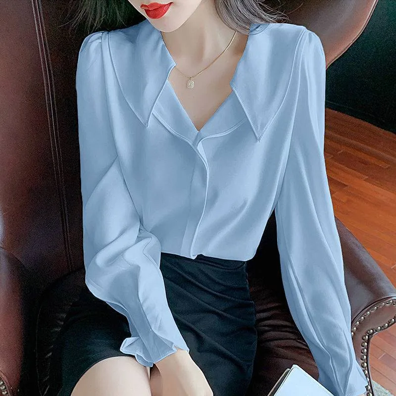 Korean Style Temperament Puff Sleeves Chic Design Women's Chiffon Shirt Blue - Shop at LoveMi