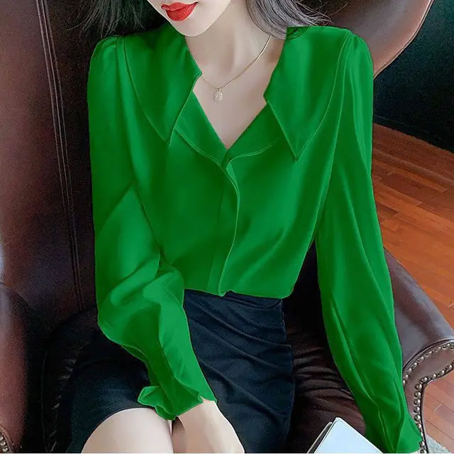 Korean Style Temperament Puff Sleeves Chic Design Women's Chiffon Shirt Green - Shop at LoveMi