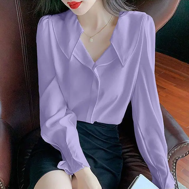 Korean Style Temperament Puff Sleeves Chic Design Women's Chiffon Shirt Light Purple - Shop at LoveMi