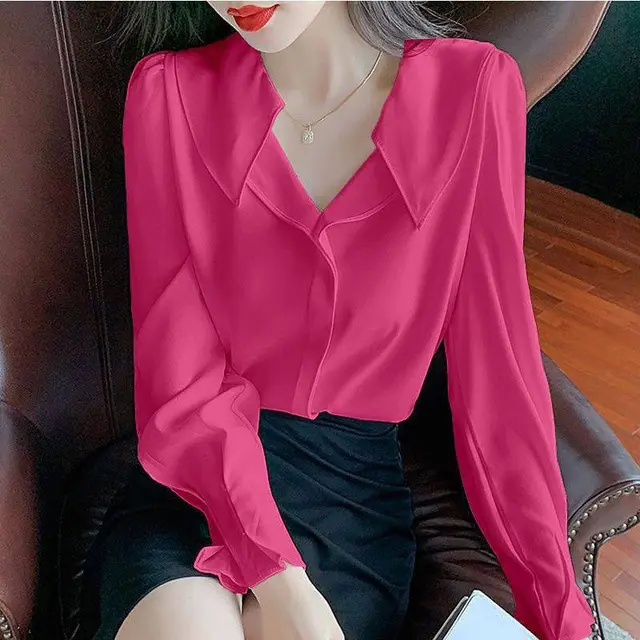 Korean Style Temperament Puff Sleeves Chic Design Women's Chiffon Shirt Rose Red - Shop at LoveMi