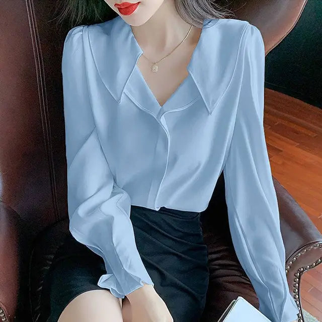 Korean Style Temperament Puff Sleeves Chic Design Women's Chiffon Shirt Sky Blue - Shop at LoveMi